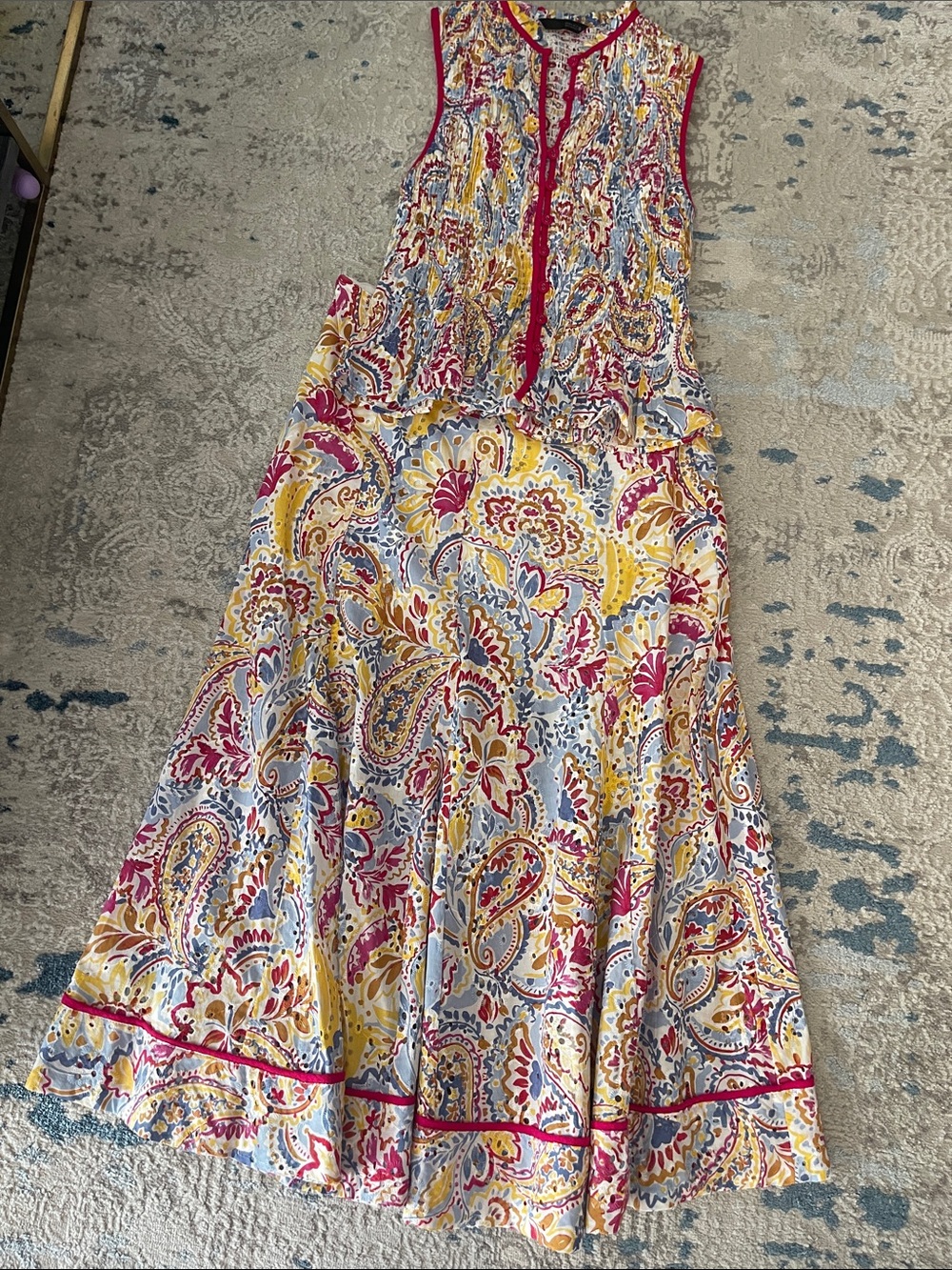Sleeveless Zara Paisley Maxi skirt with the top in Yellow, Pink & Blue